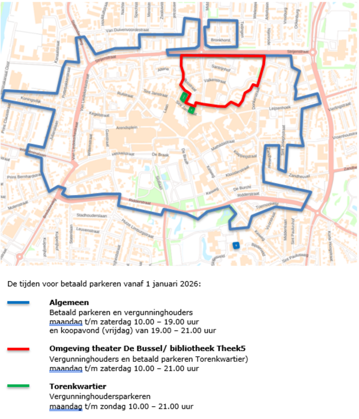 Plattegrond met de gebieden waar betaald parkeren geldt