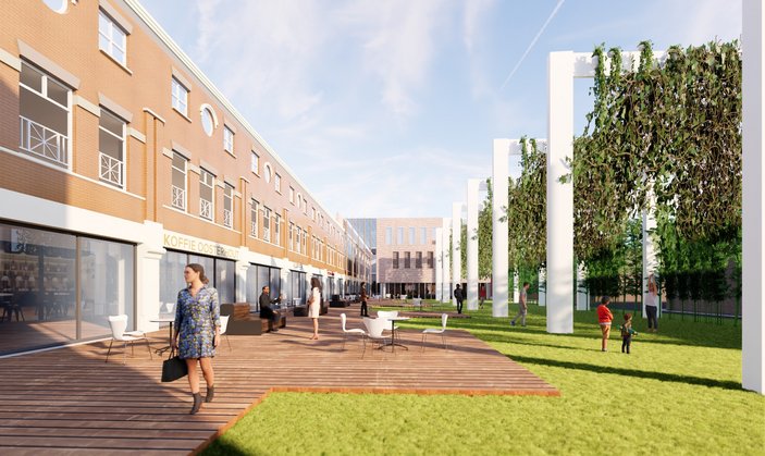 Impressie nieuwe situatie: zicht vanaf het Arendsplein richting het nieuwe stadhuis