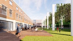 Impressie nieuwe situatie: zicht vanaf het Arendsplein richting het nieuwe stadhuis